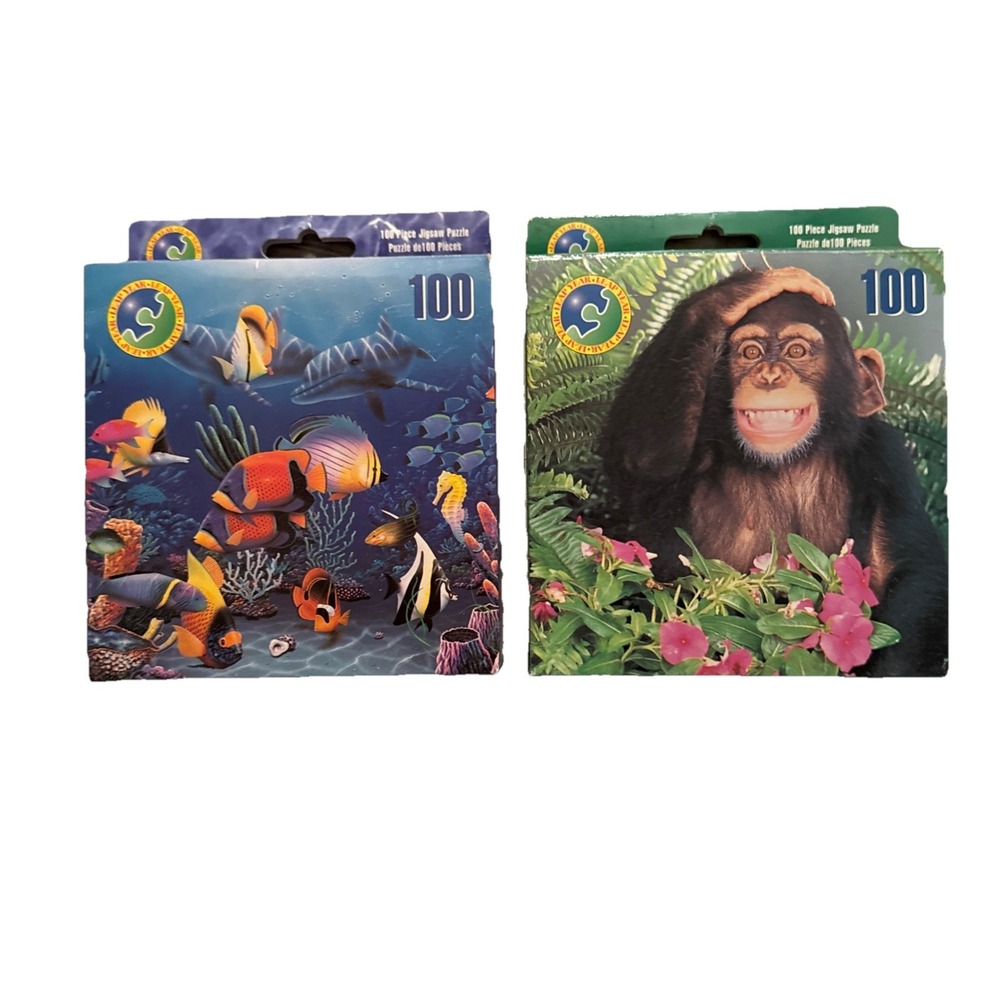 Set Of 2 Vintage 100 Pc Jigsaw Puzzles Leap Year Water Clown Fish & Monkey 2001